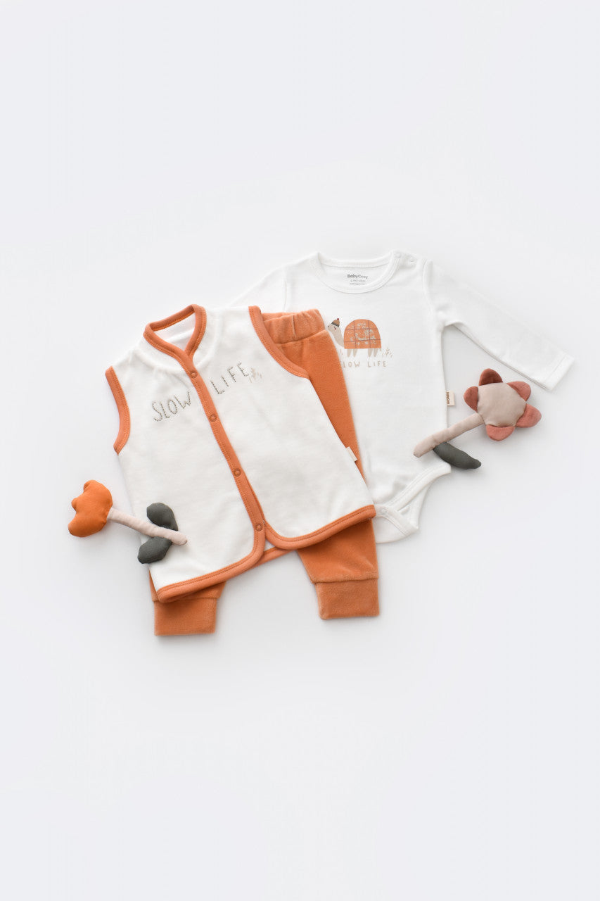 Set 3 piese Broscuta cu body, pantalonasi si vestuta din 80%bumbac organic si 20% poliester - , BabyCosy